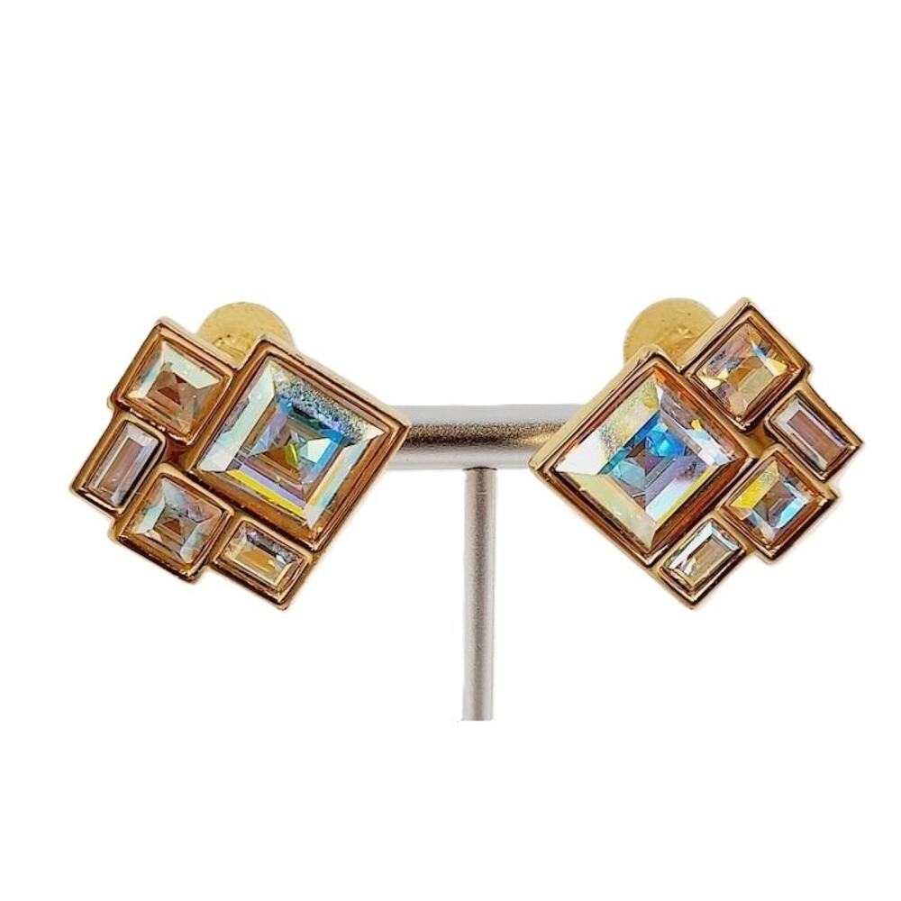 Swarovski Iridescent Gold Tone Aurora Borealis Geometric Clip Earrings